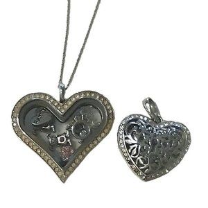 2 Origami Owl Crystal Heart Sentiments Filgree Locket 7 Charms 925 Silver Chain
